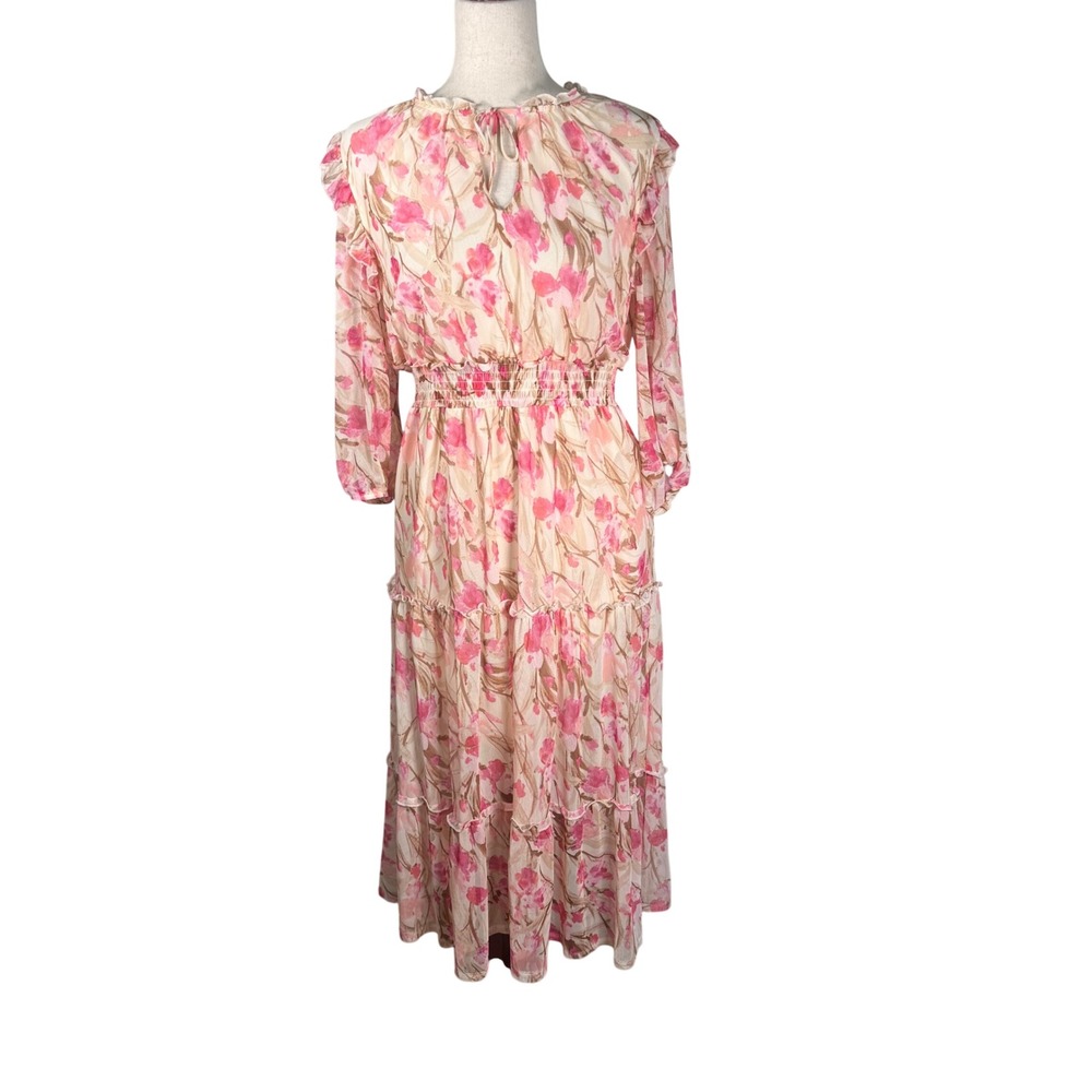 ava & grace Floral Mesh Maxi Dress Womens Medium Pink Boho Tiered Ruffle